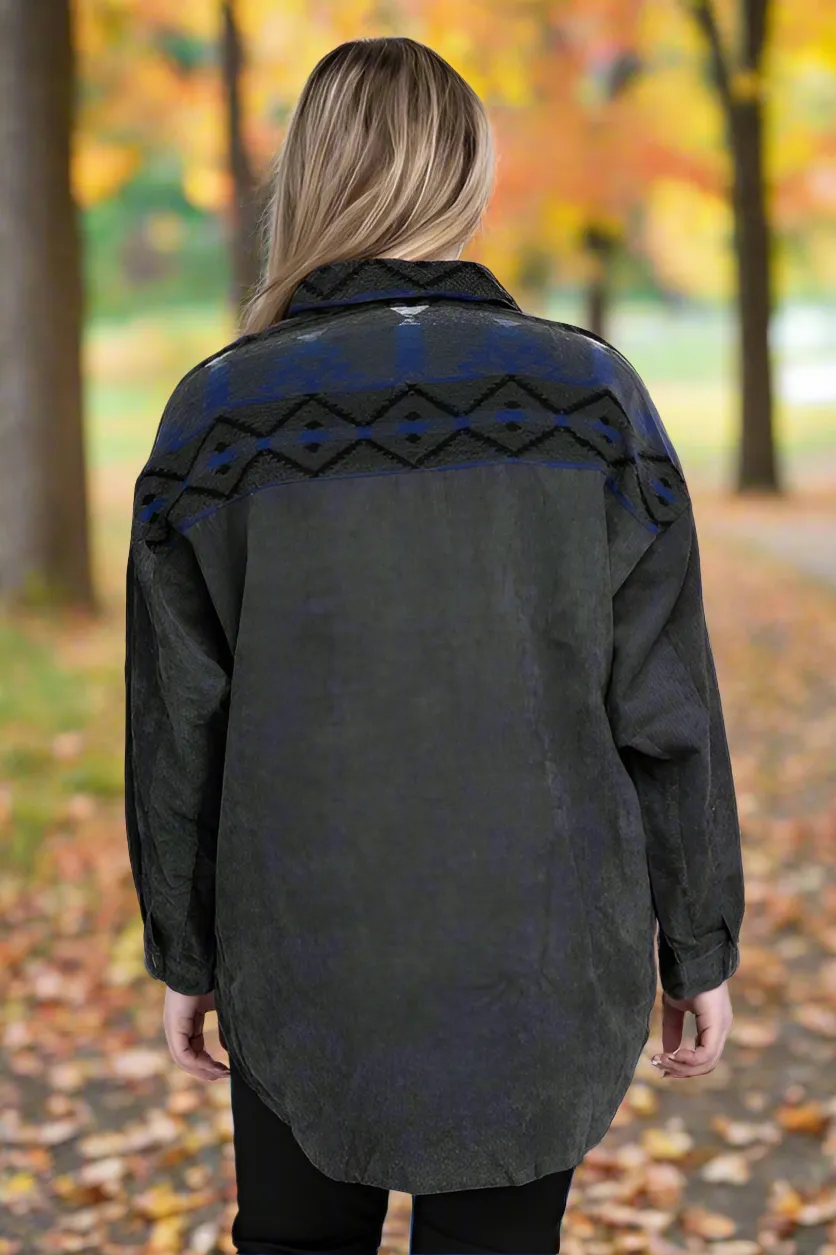 Davi & Dani Plus Aztec Printed Button Down Long Sleeve Jacket