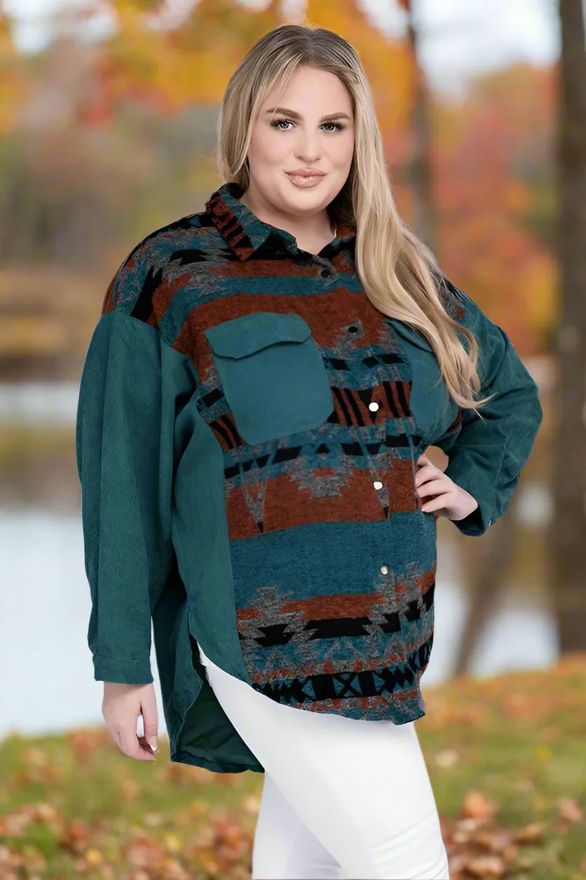 Davi & Dani Plus Aztec Printed Button Down Long Sleeve Jacket