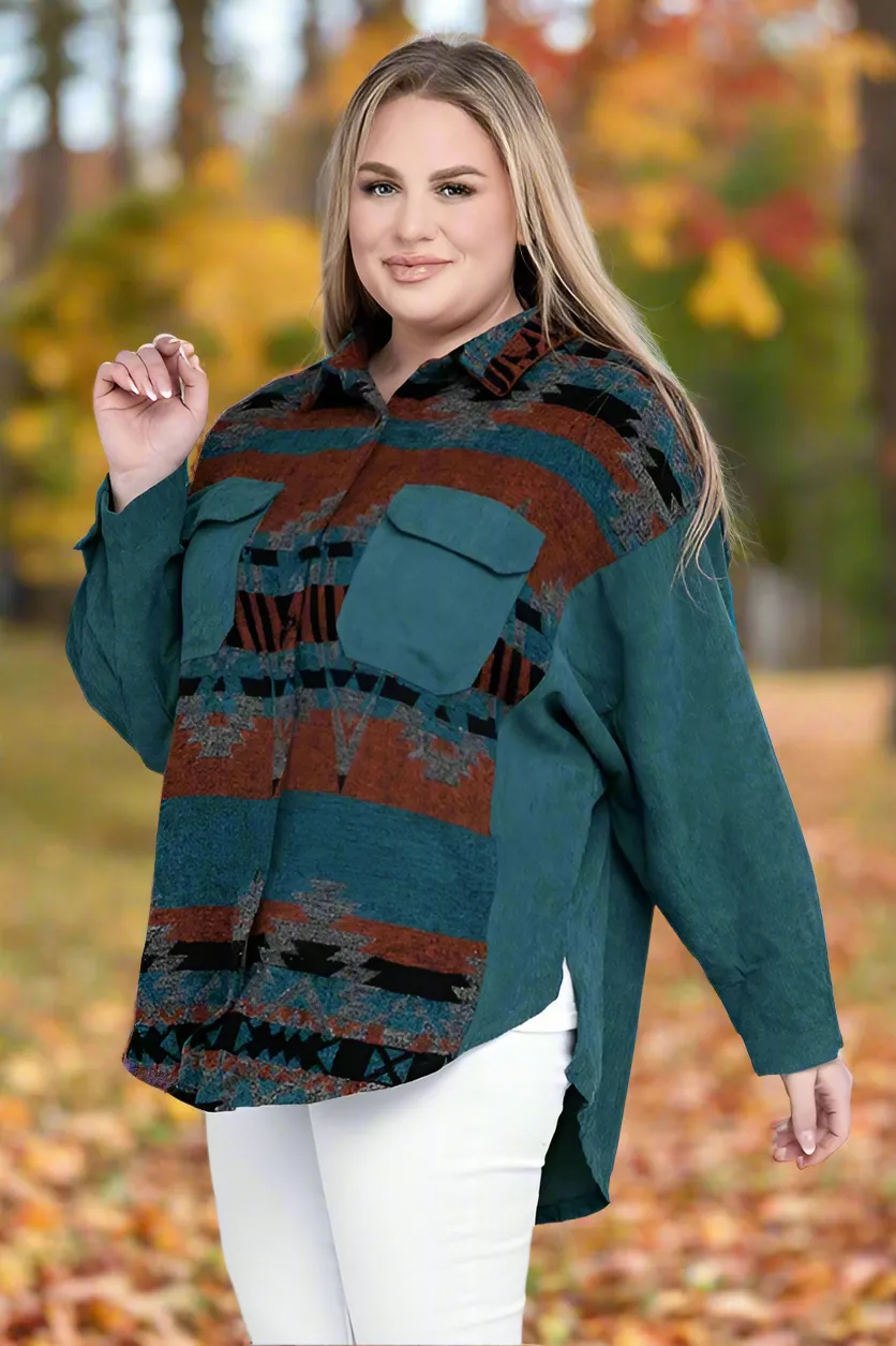 Davi & Dani Plus Aztec Printed Button Down Long Sleeve Jacket