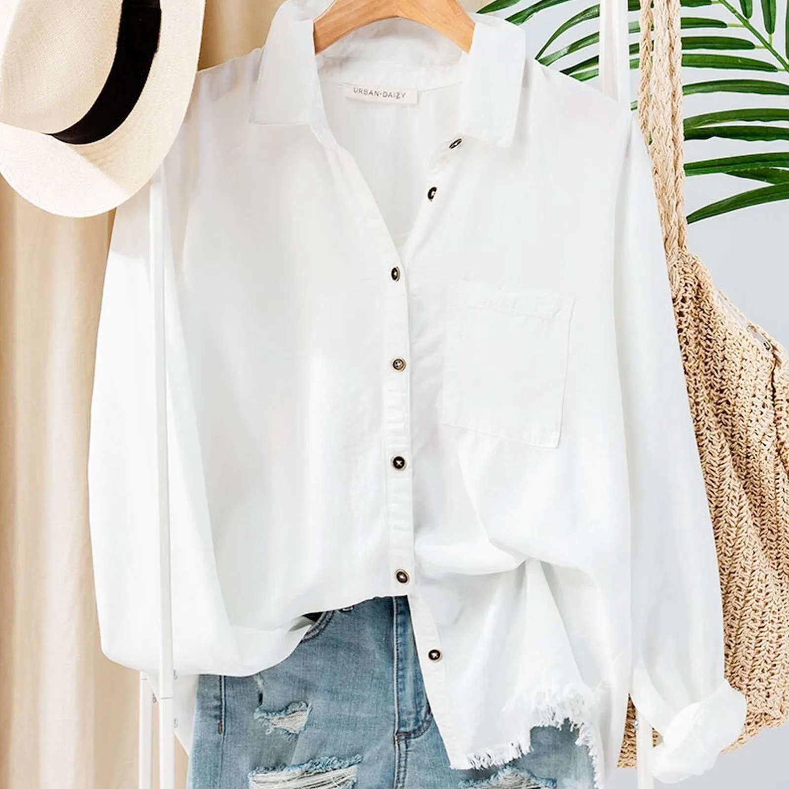 Denim Button Down Raw Hem Shirt, White