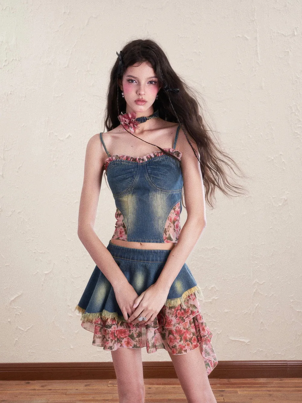 Denim Flower Mix Asymmetry Ciffon Feminine Tops&Mini-Skirt