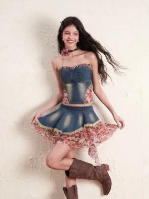 Denim Flower Mix Asymmetry Ciffon Feminine Tops&Mini-Skirt