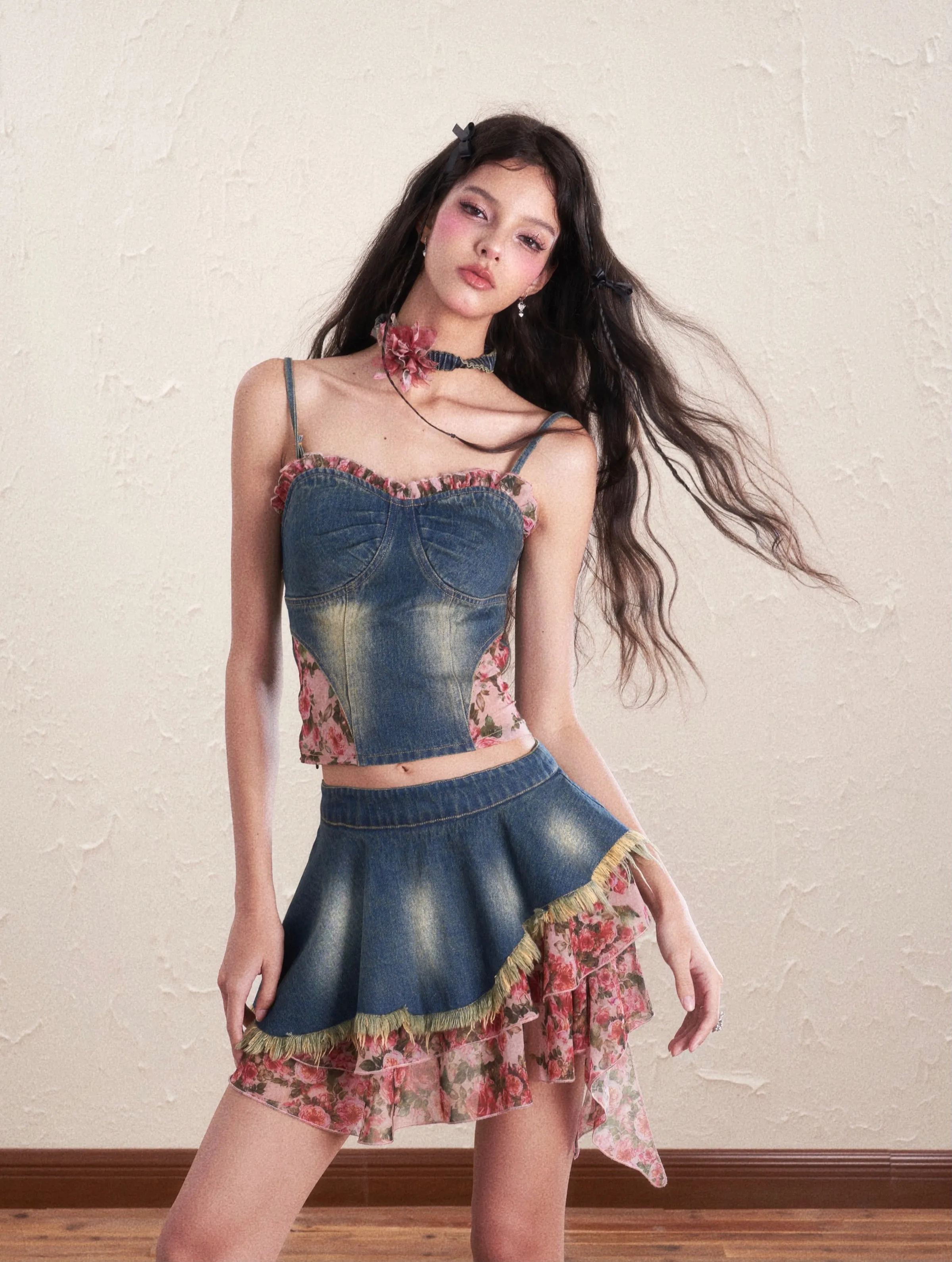 Denim Flower Mix Asymmetry Ciffon Feminine Tops&Mini-Skirt