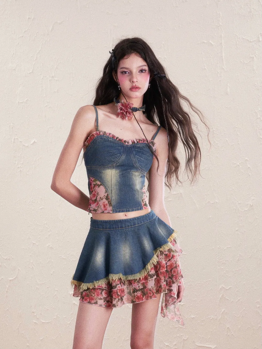 Denim Flower Mix Asymmetry Ciffon Feminine Tops&Mini-Skirt