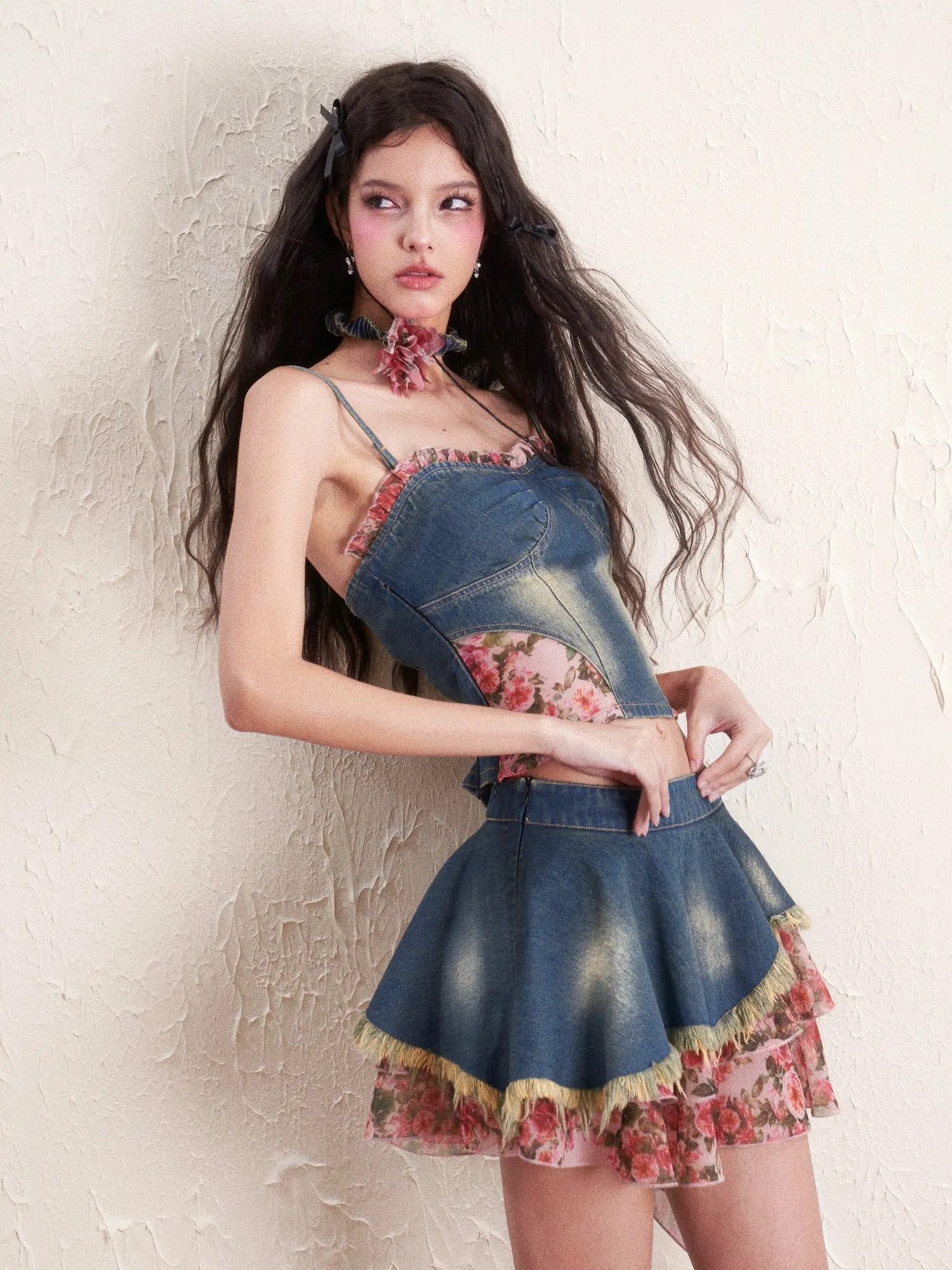 Denim Flower Mix Asymmetry Ciffon Feminine Tops&Mini-Skirt