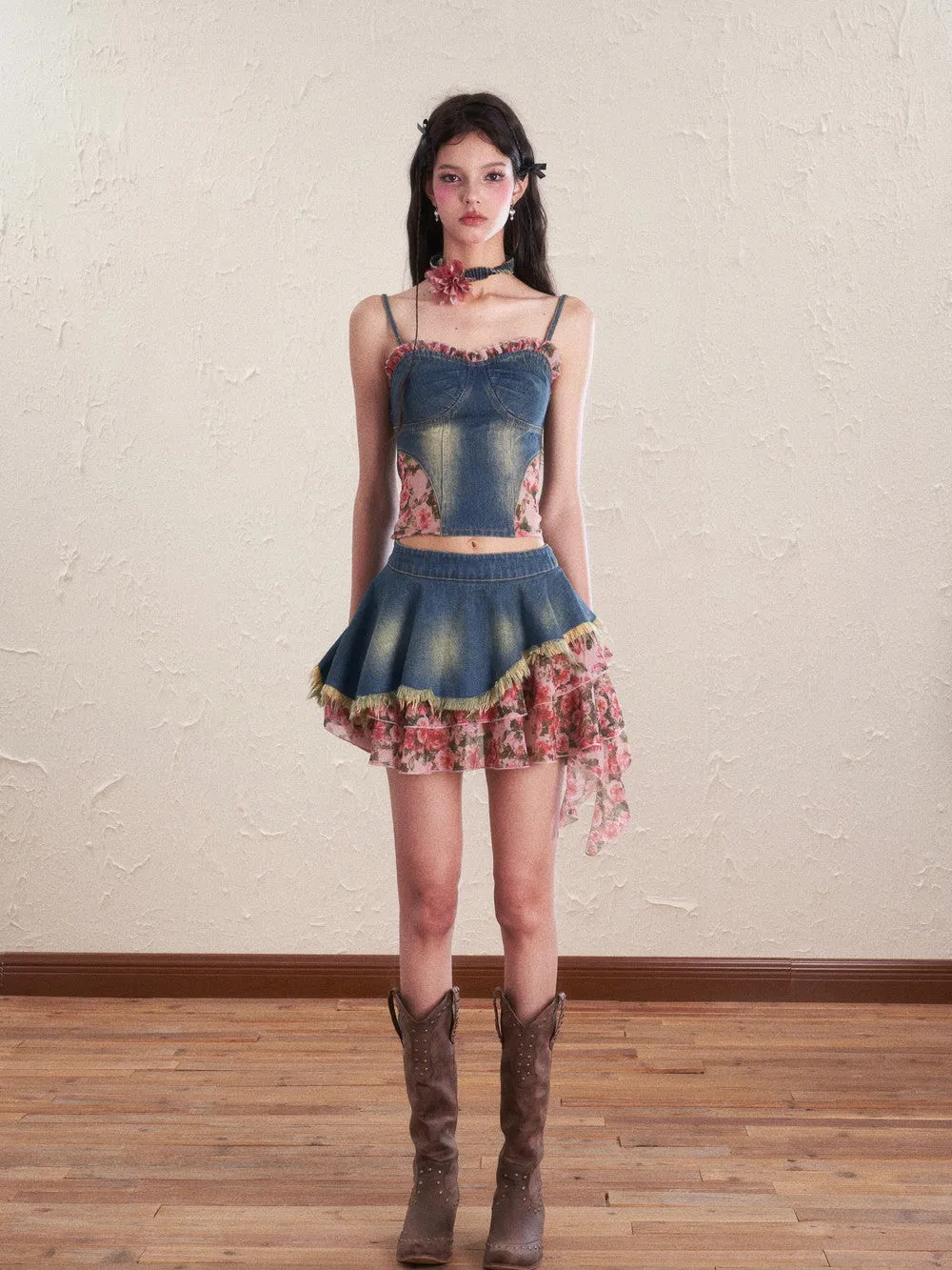 Denim Flower Mix Asymmetry Ciffon Feminine Tops&Mini-Skirt