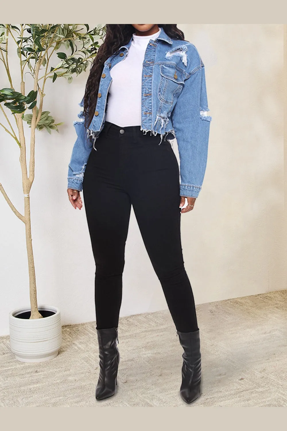 Distressed Button Up Raw Hem Denim Jacket
