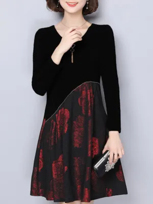 Elegant Floral Print Patchwork Dress