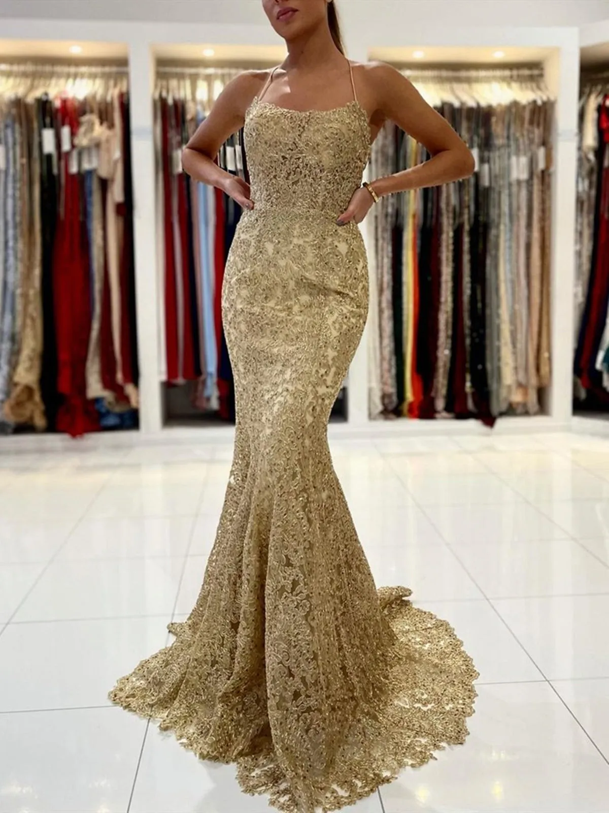 Elegant Long Mermaid Lace Open Back Graduation Prom Dresses