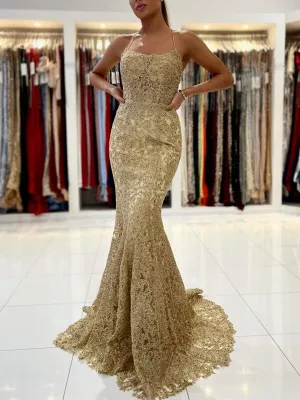 Elegant Long Mermaid Lace Open Back Graduation Prom Dresses
