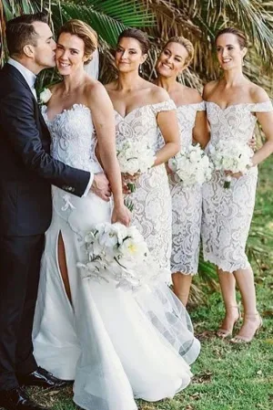 Elegant Off the Shoulder White Lace Tea Length Bridesmaid Dress PFB0106