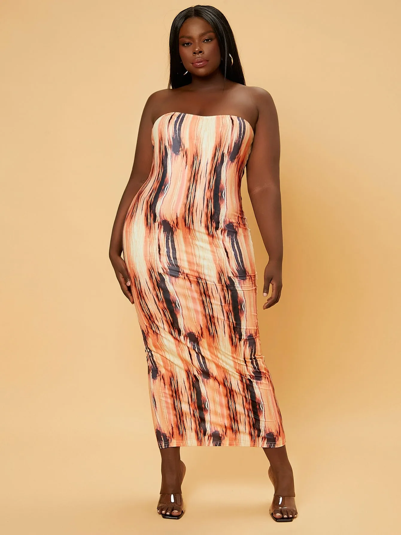 Elegant Random Print Split Thigh Sleeveless Strapless Pencil Natural Long Plus Size Dress