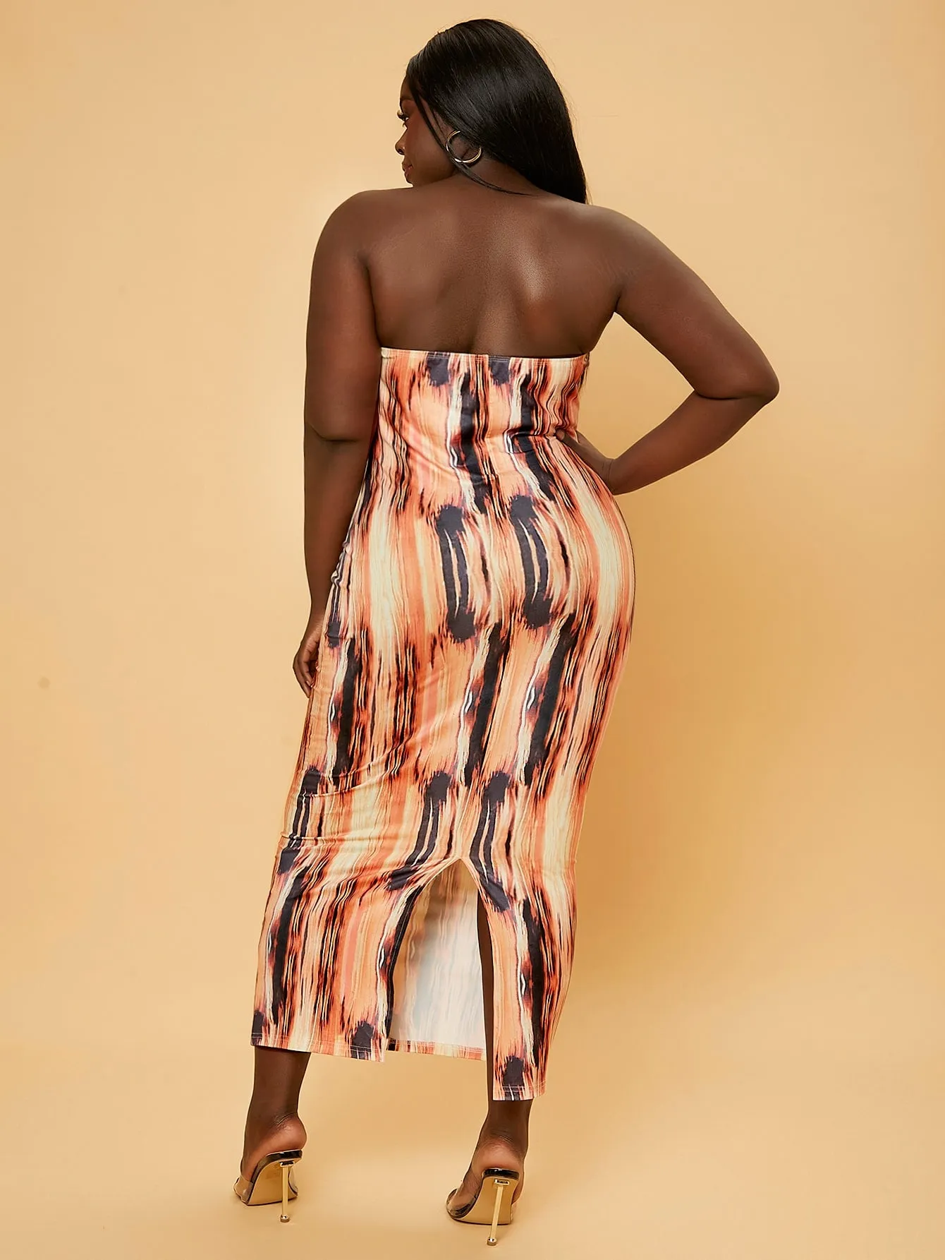 Elegant Random Print Split Thigh Sleeveless Strapless Pencil Natural Long Plus Size Dress