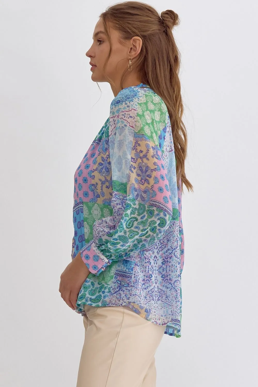Entro Blue Patchwork Print Long Sleeve Blouse