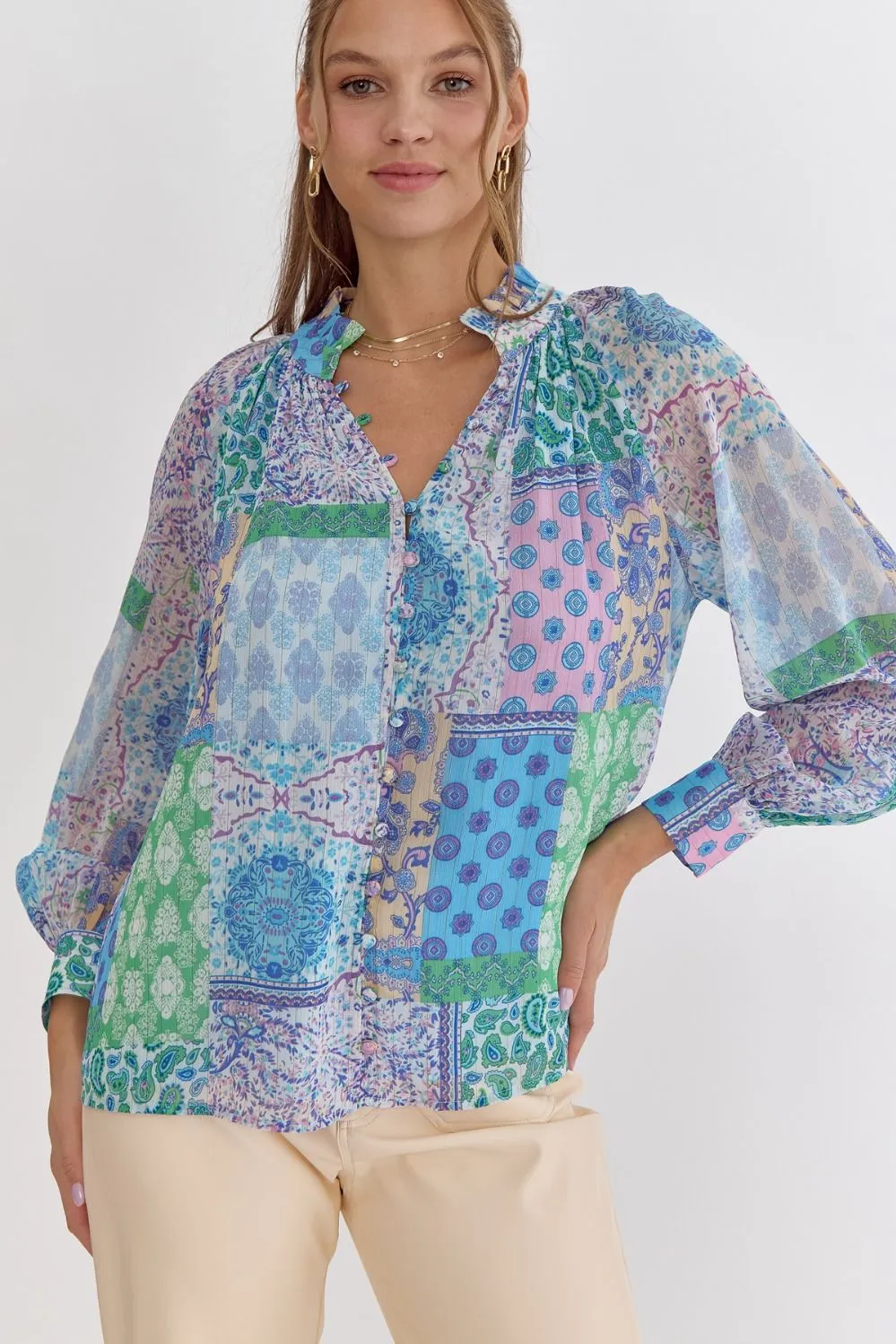 Entro Blue Patchwork Print Long Sleeve Blouse