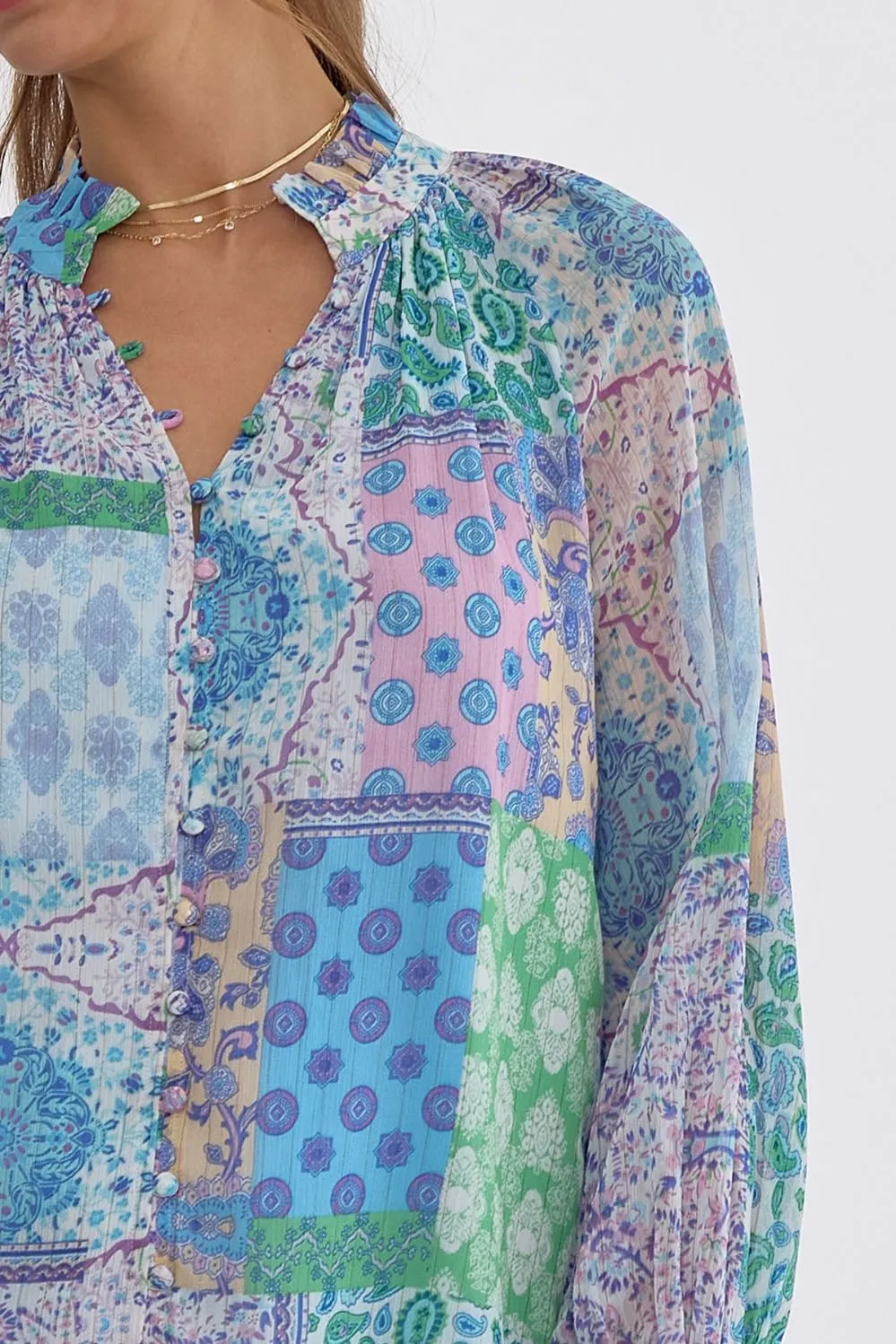 Entro Blue Patchwork Print Long Sleeve Blouse