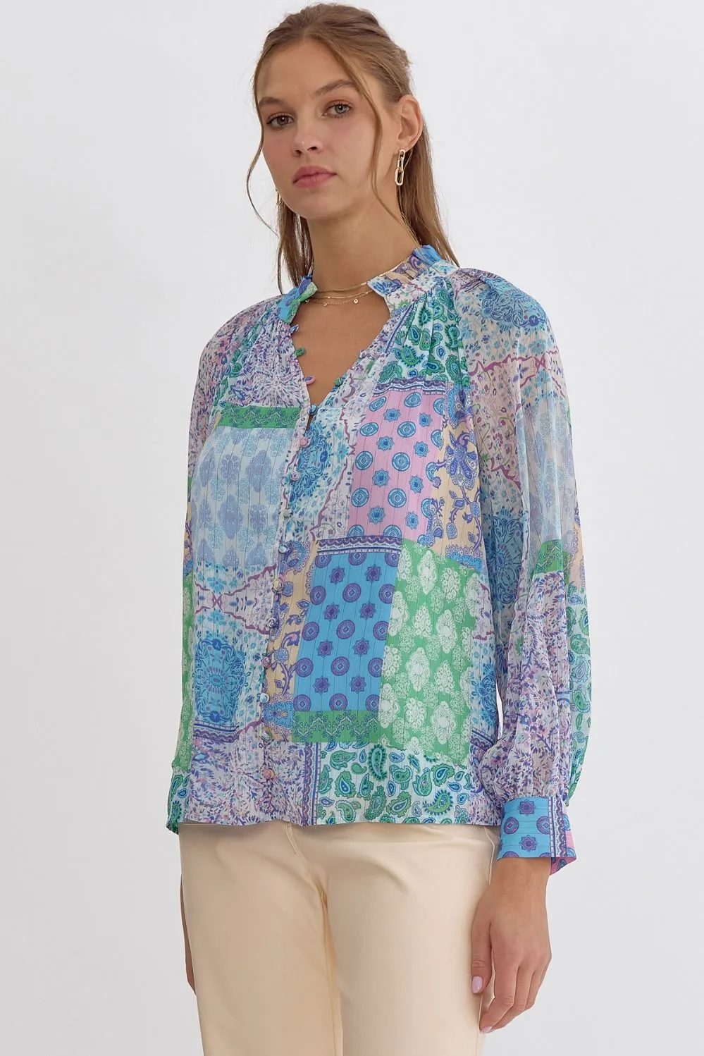 Entro Blue Patchwork Print Long Sleeve Blouse