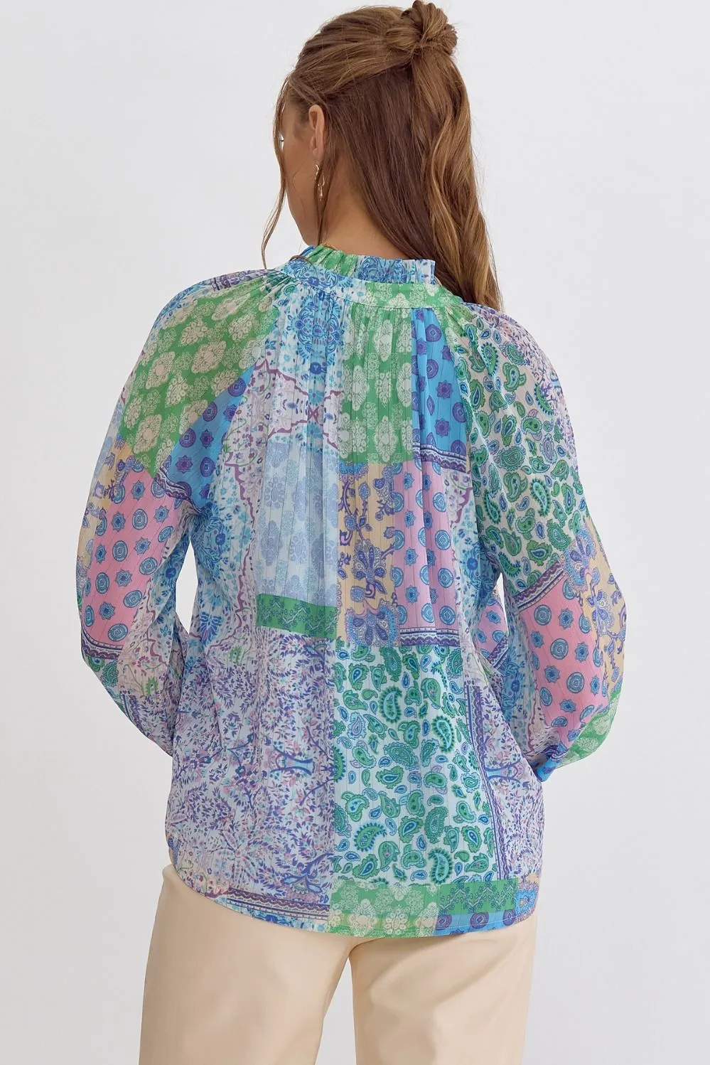 Entro Blue Patchwork Print Long Sleeve Blouse