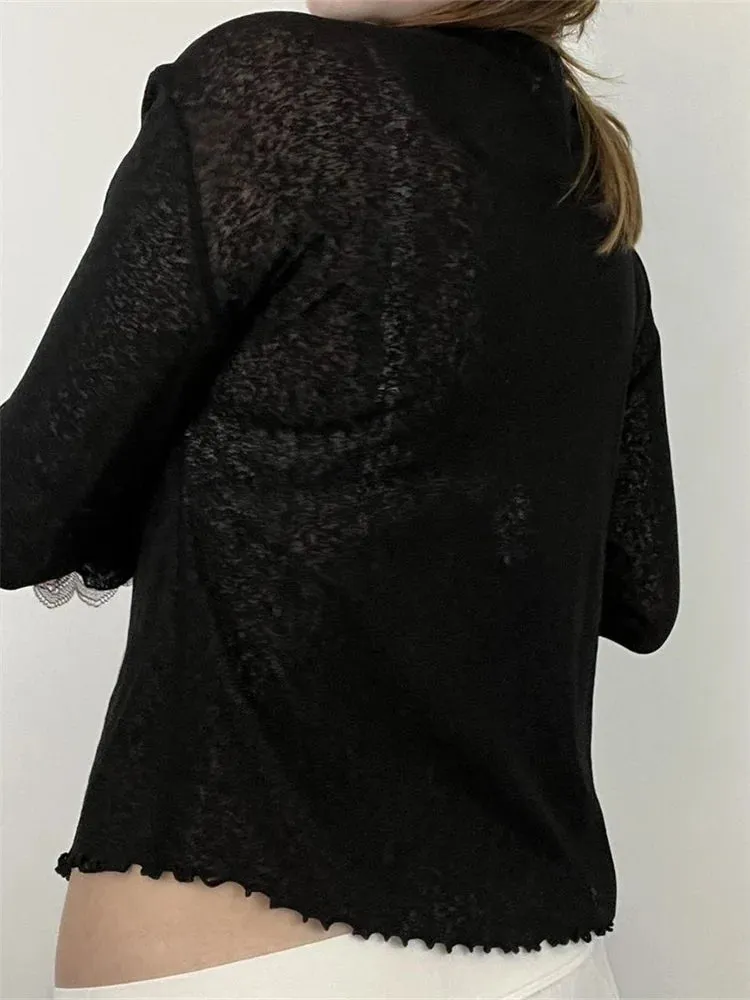 FashionSierra - 2024 Vintage Lace Patchwork Long Flare Sleeve Top for Women Square Neck Ruched Slim Fit Clubwear Tee