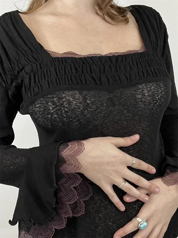 FashionSierra - 2024 Vintage Lace Patchwork Long Flare Sleeve Top for Women Square Neck Ruched Slim Fit Clubwear Tee
