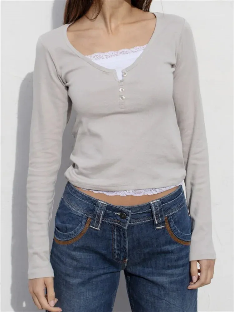 FashionSierra - Autumn Y2K Lace Patchwork Long Sleeve Fairy Grunge Vintage Aesthetic Slim Fit Harajuku Tees