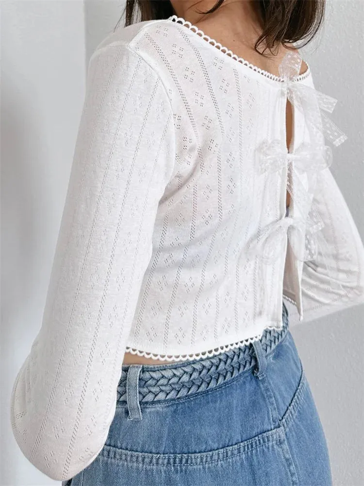 FashionSierra - Long Sleeve Cropped Hollow Out Tie-up Casual Cardigans Club Streetwear Aesthetic Grunge Tee