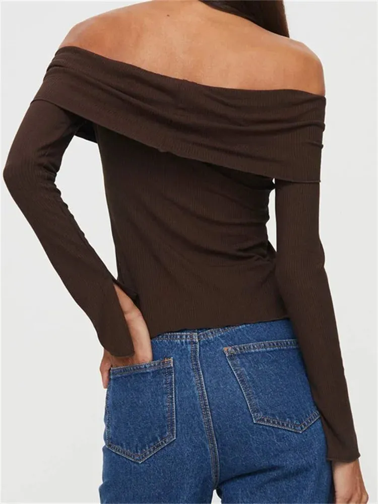 FashionSierra - Long Sleeve Off-shoulder Backless Button Up Slim Fit Ribbed Solid Color Clubwear Tee