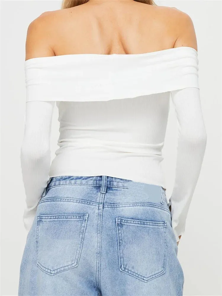 FashionSierra - Long Sleeve Off-shoulder Backless Button Up Slim Fit Ribbed Solid Color Clubwear Tee