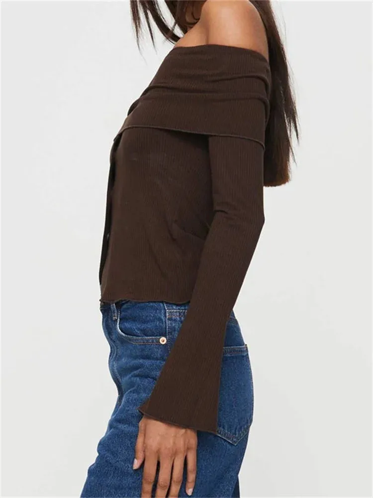 FashionSierra - Long Sleeve Off-shoulder Backless Button Up Slim Fit Ribbed Solid Color Clubwear Tee