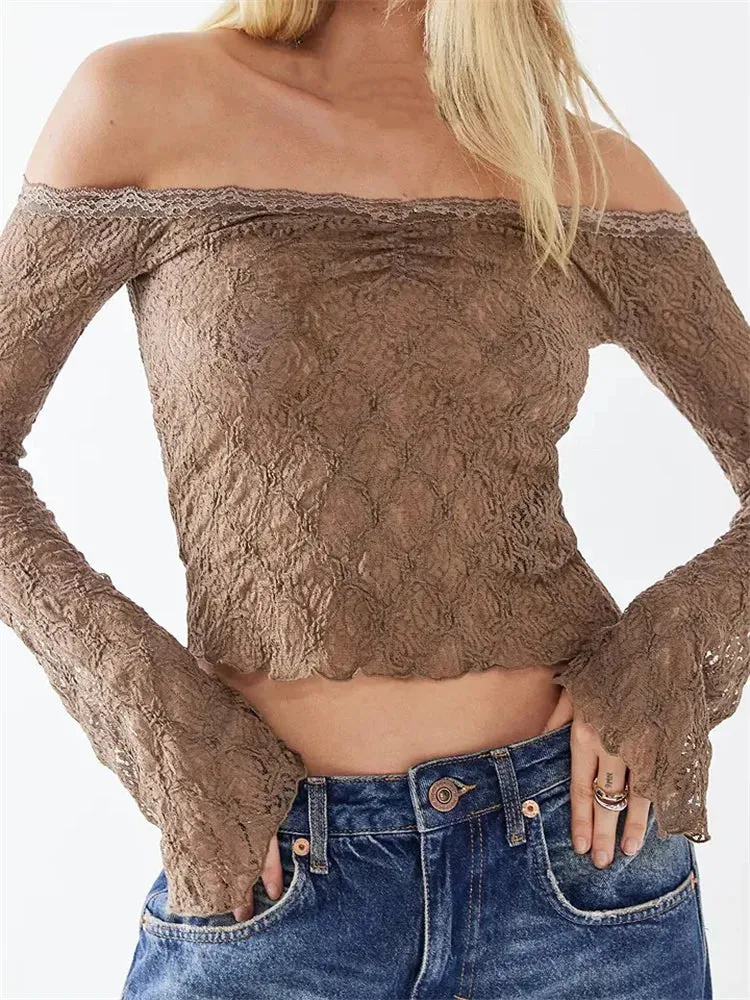 FashionSierra - Sexy Lace Flower Fairy Grunge Off Shoulder Long Sleeve See Through Mesh Slim Fit Tee