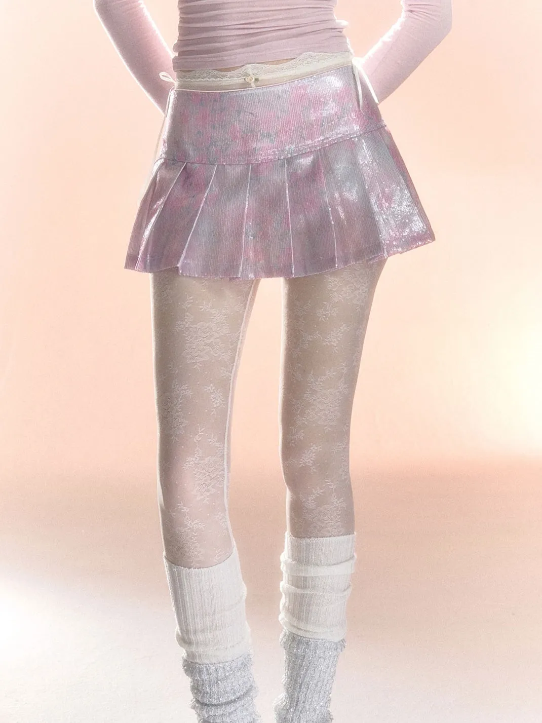 Feminine Frill Glossy Box-Pleats U-Neck Cutsew&Mini-Skirt