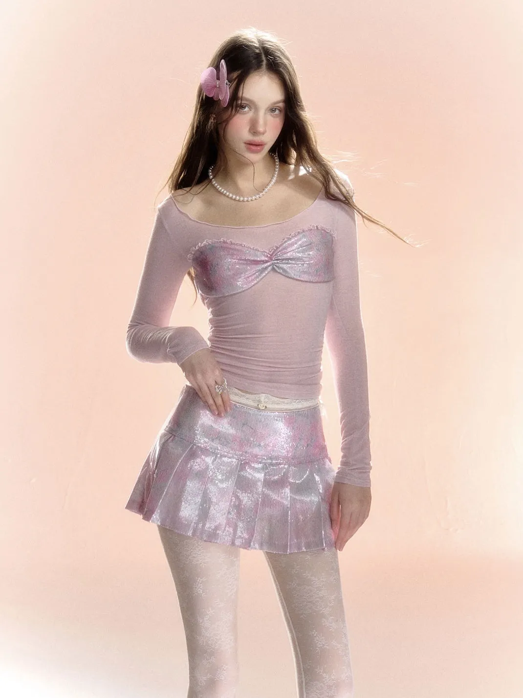 Feminine Frill Glossy Box-Pleats U-Neck Cutsew&Mini-Skirt