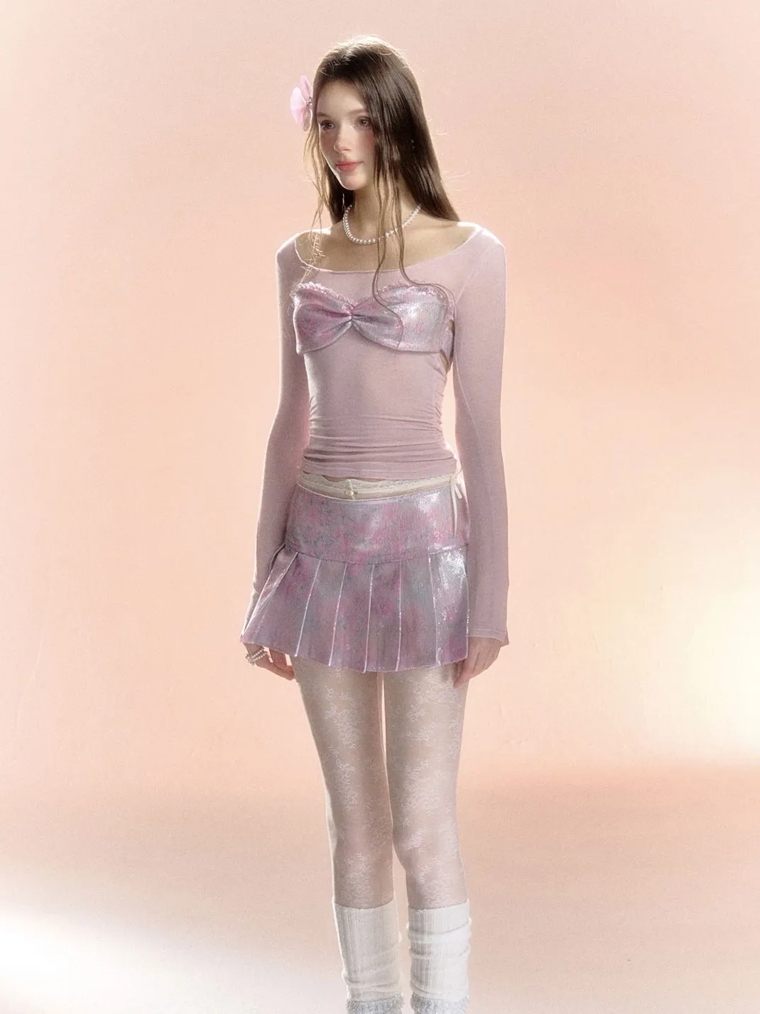 Feminine Frill Glossy Box-Pleats U-Neck Cutsew&Mini-Skirt