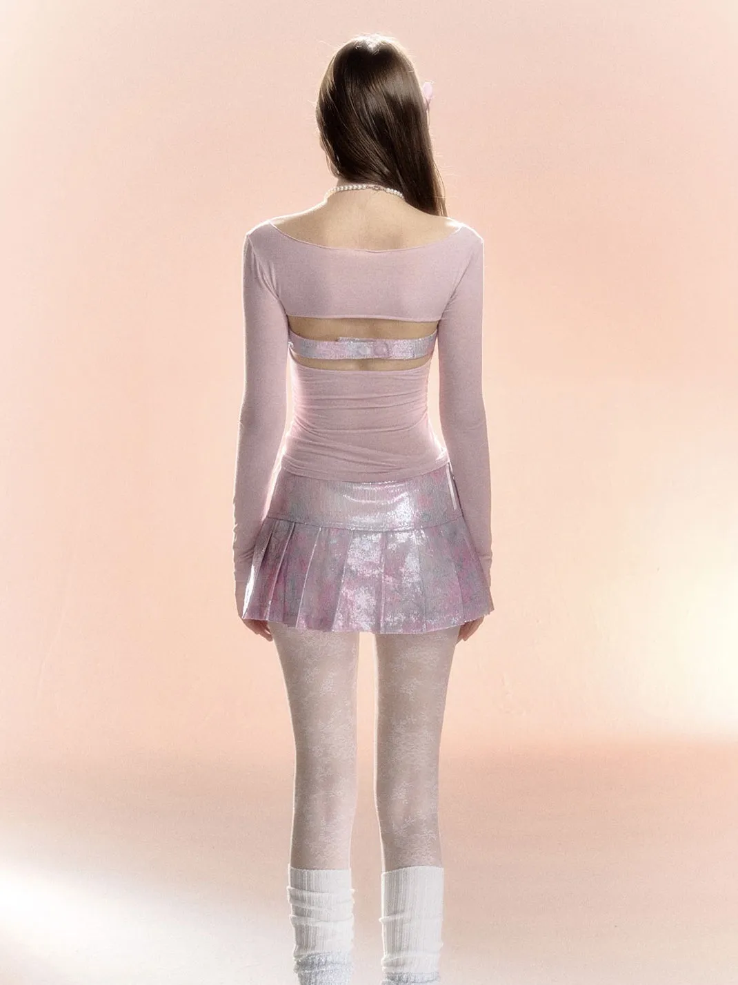 Feminine Frill Glossy Box-Pleats U-Neck Cutsew&Mini-Skirt