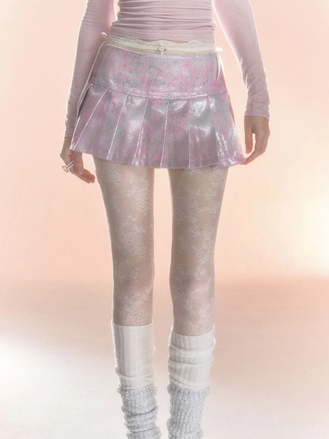 Feminine Frill Glossy Box-Pleats U-Neck Cutsew&Mini-Skirt