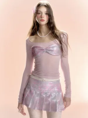 Feminine Frill Glossy Box-Pleats U-Neck Cutsew&Mini-Skirt