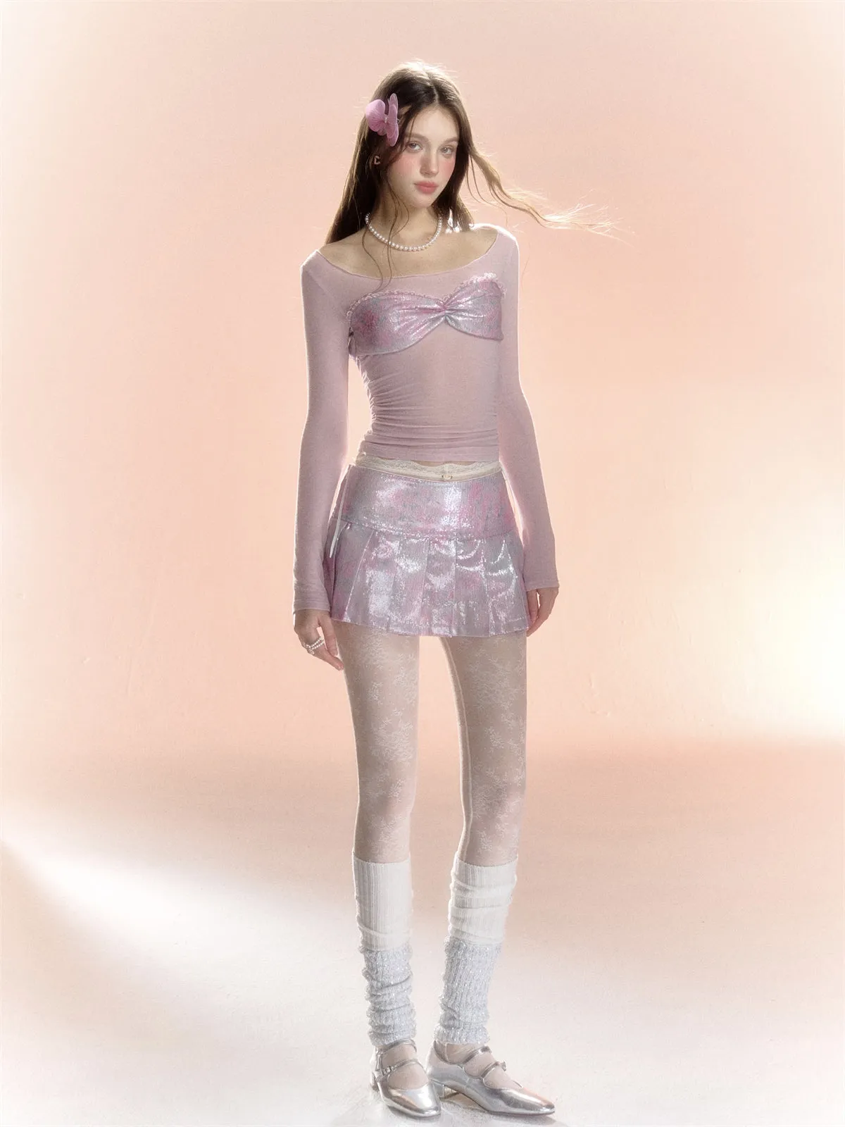 Feminine Frill Glossy Box-Pleats U-Neck Cutsew&Mini-Skirt