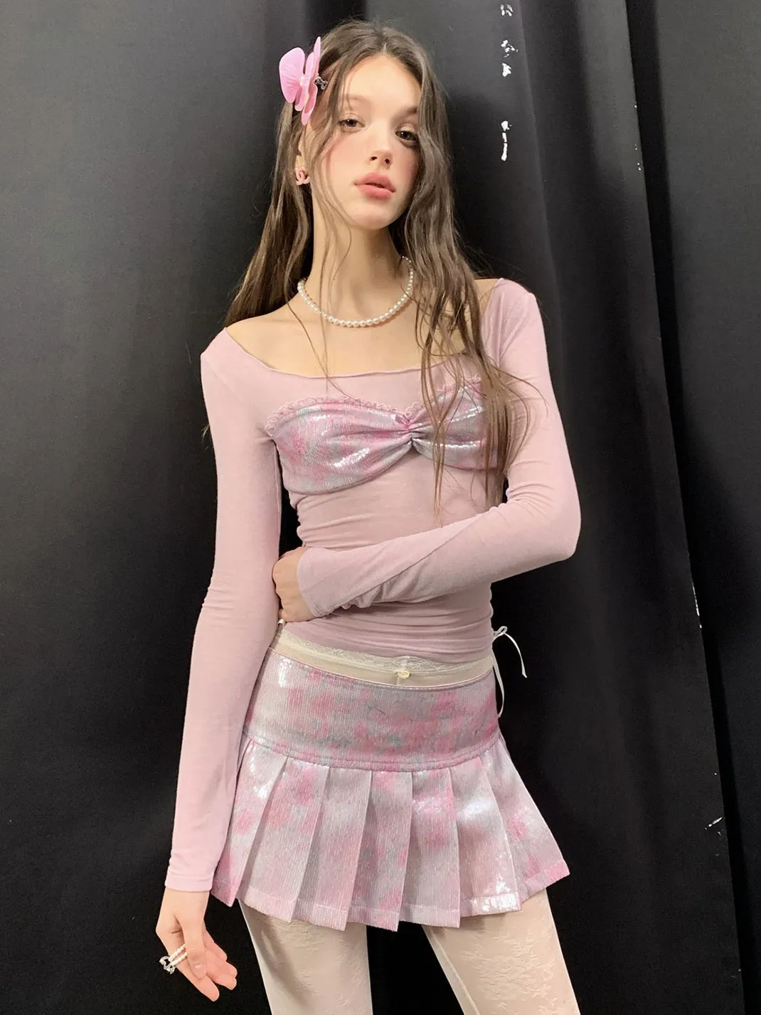 Feminine Frill Glossy Box-Pleats U-Neck Cutsew&Mini-Skirt