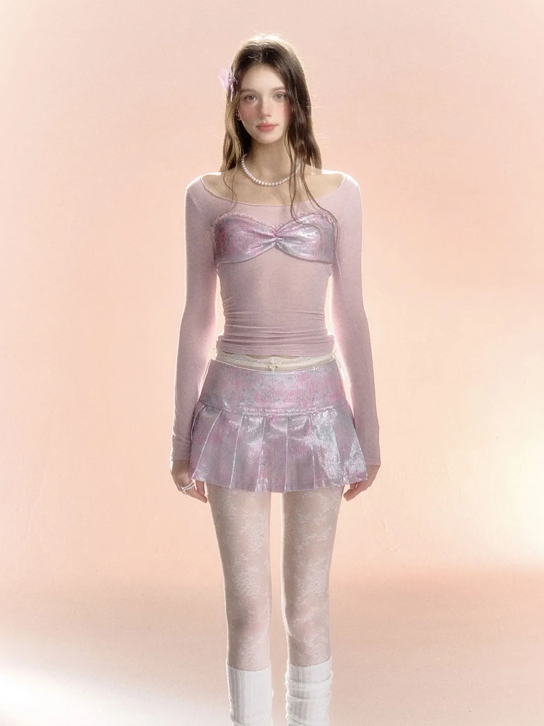 Feminine Frill Glossy Box-Pleats U-Neck Cutsew&Mini-Skirt