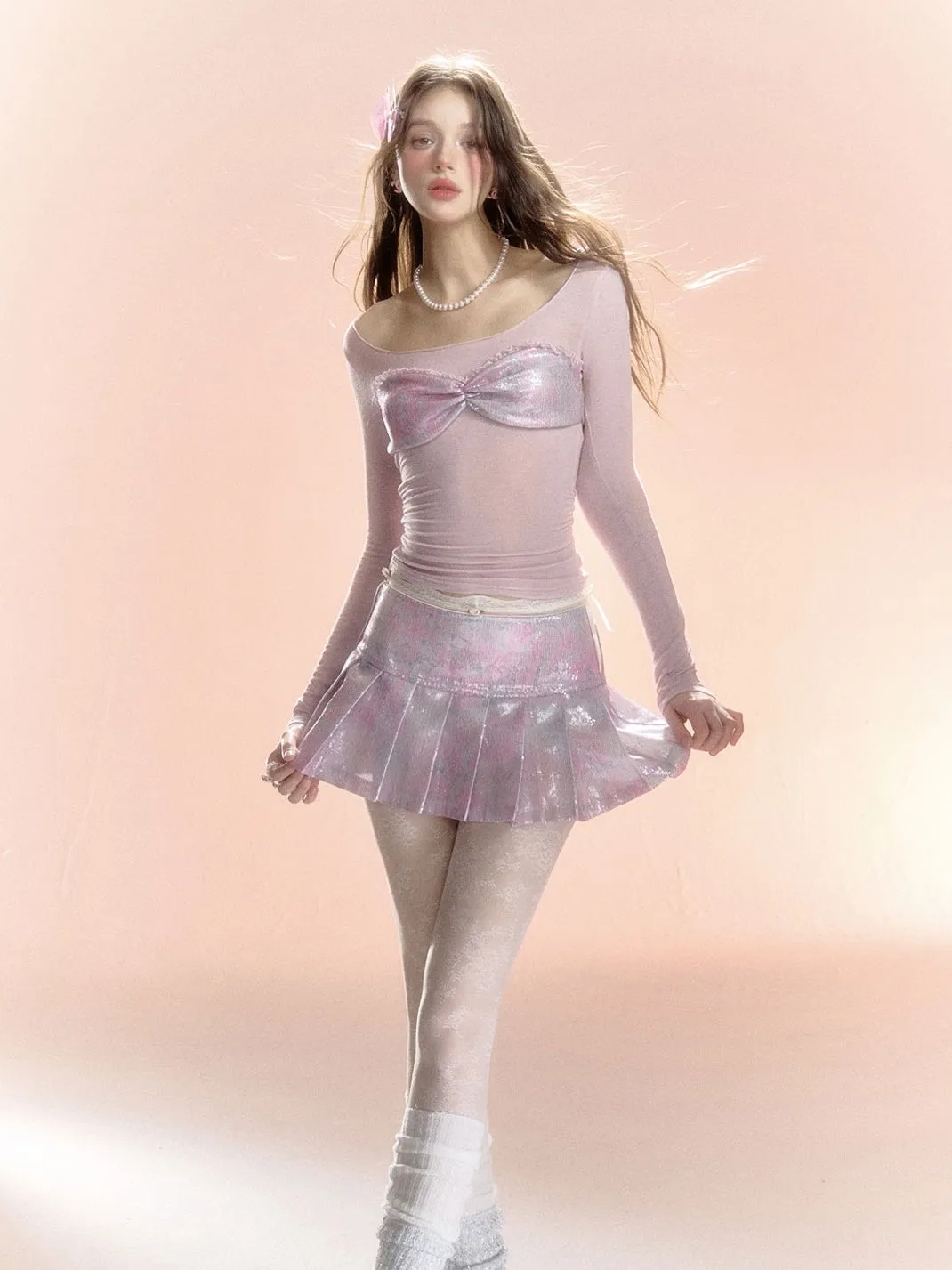 Feminine Frill Glossy Box-Pleats U-Neck Cutsew&Mini-Skirt