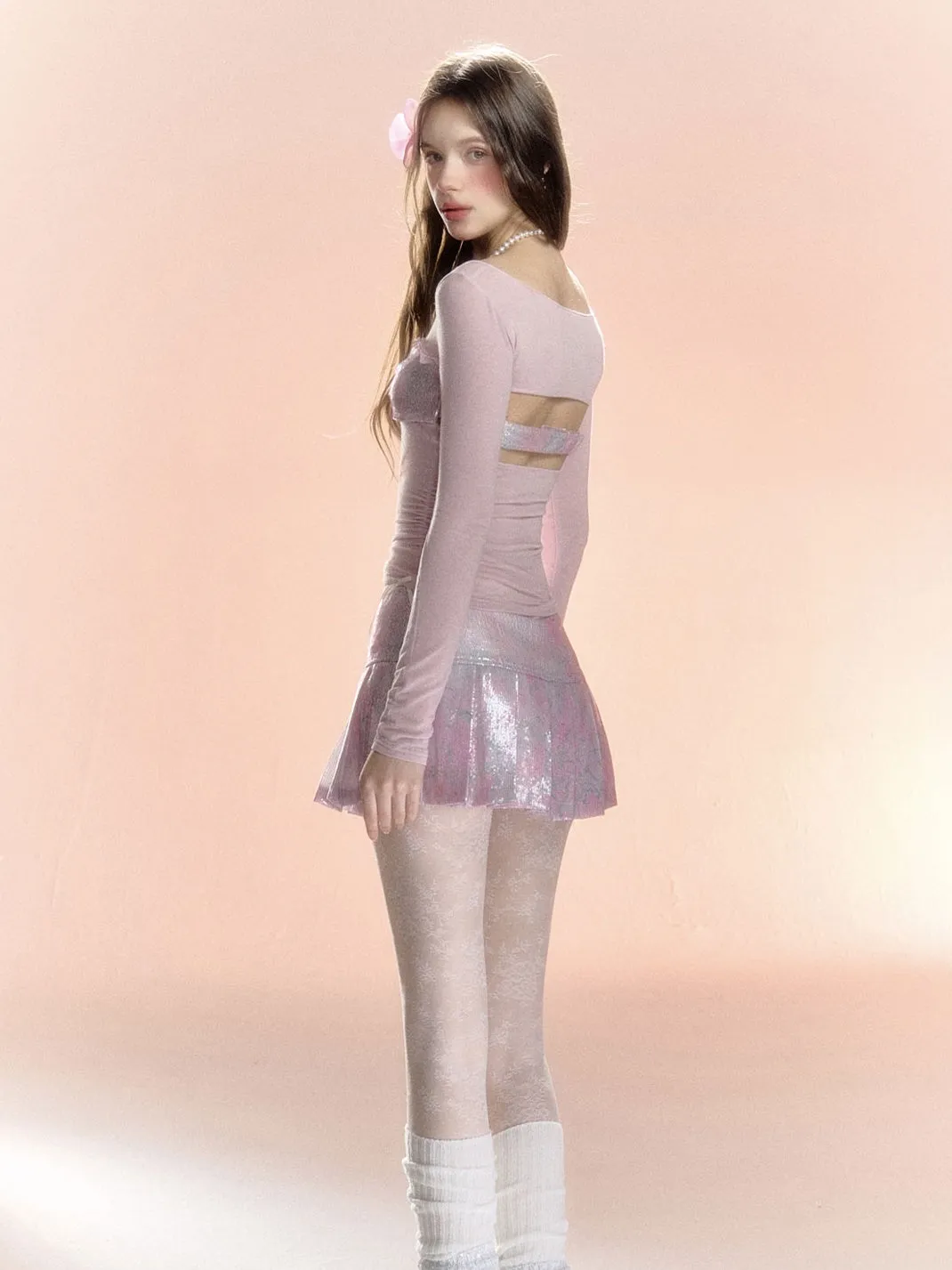 Feminine Frill Glossy Box-Pleats U-Neck Cutsew&Mini-Skirt