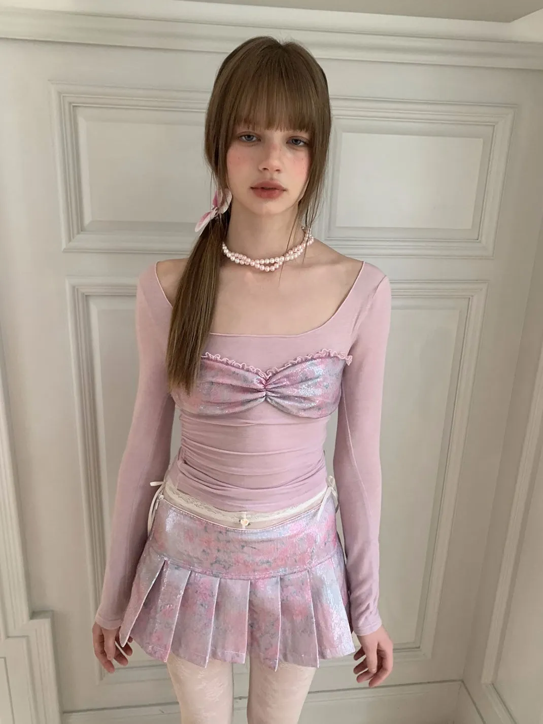 Feminine Frill Glossy Box-Pleats U-Neck Cutsew&Mini-Skirt