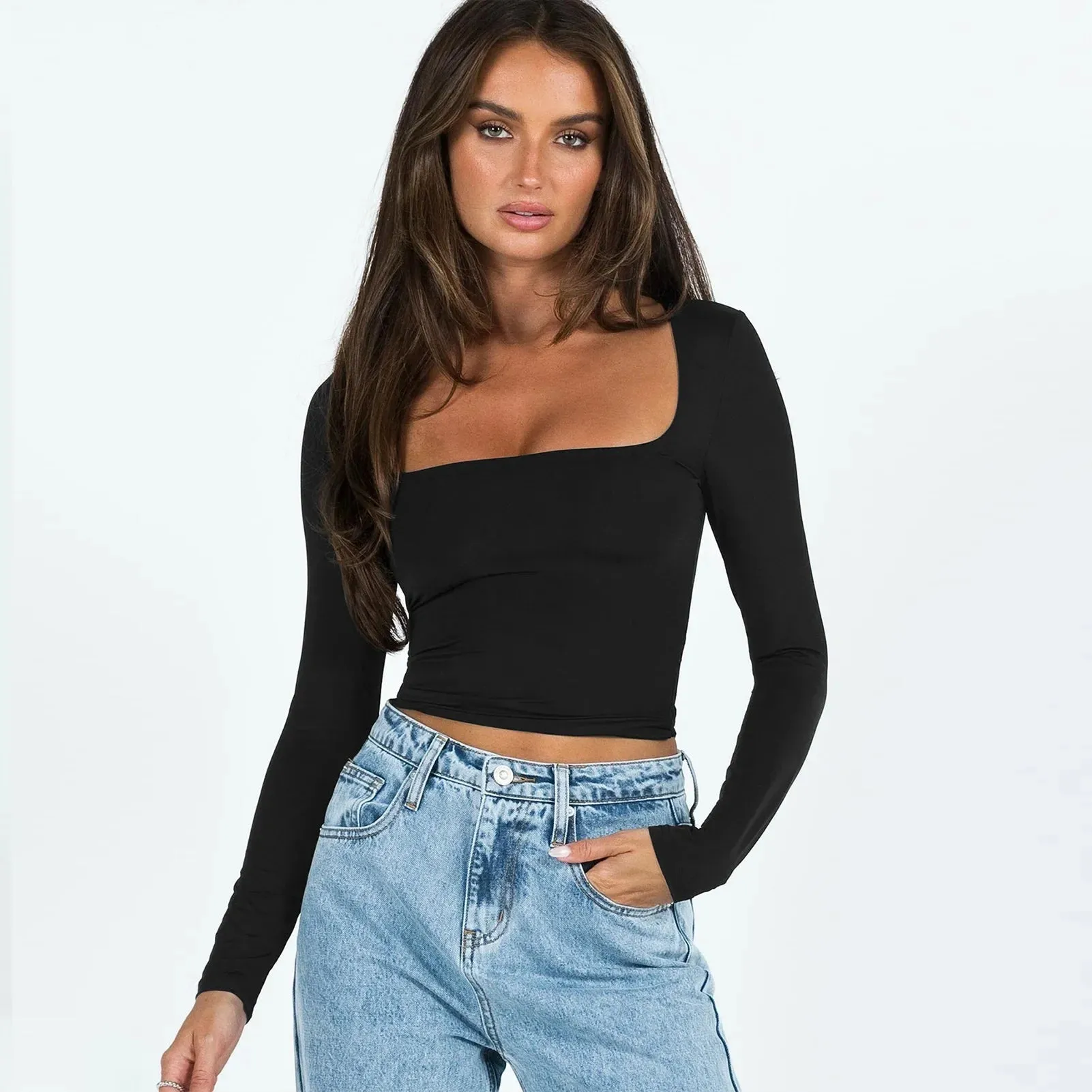 Fit Y2k White Long Sleeve Pullovers Woman Basic Crop Top Square Collar T-shirt