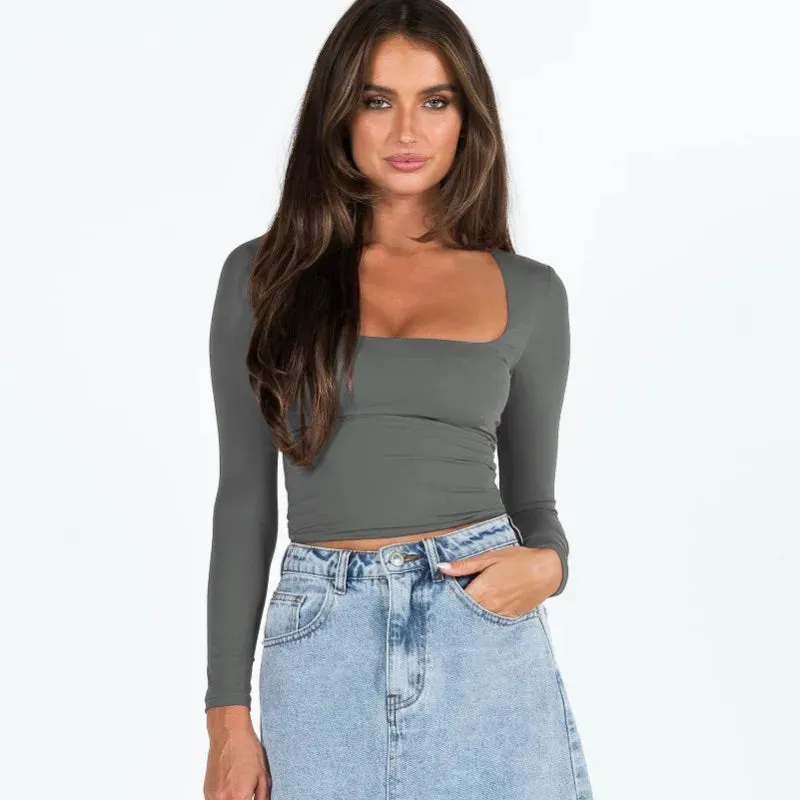 Fit Y2k White Long Sleeve Pullovers Woman Basic Crop Top Square Collar T-shirt