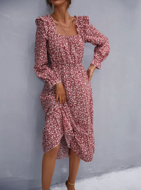 Floral Square Collar Long Sleeve Chiffon Flounce Dress