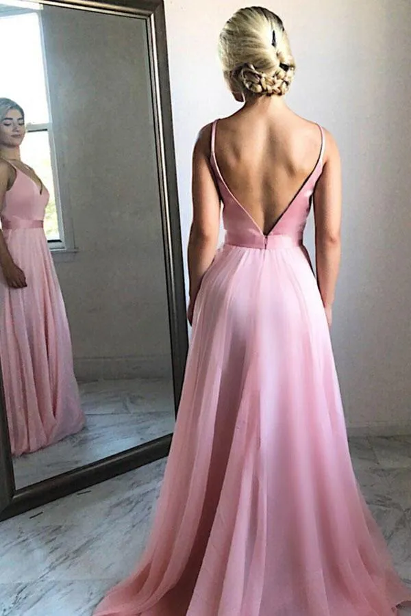 Flowing A-Line V-Neck Backless Pink Chiffon Long Prom Party Dress PFP0093
