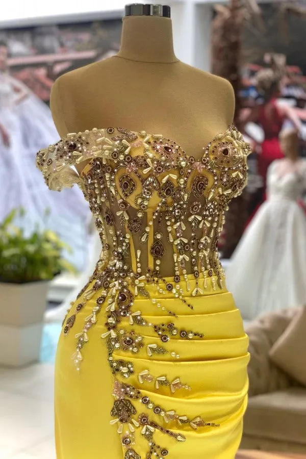Gorgeous Yellow Mermaid Off-the-shoulder Satin Long Prom Dresses With Split