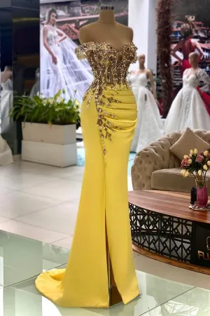 Gorgeous Yellow Mermaid Off-the-shoulder Satin Long Prom Dresses With Split