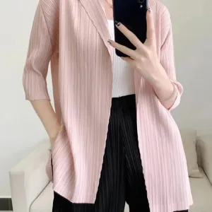 GVUW Pleated Lapel Jackets Women Open Stitch Casual Outwear