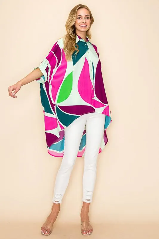 High Low Button Down Printed Top